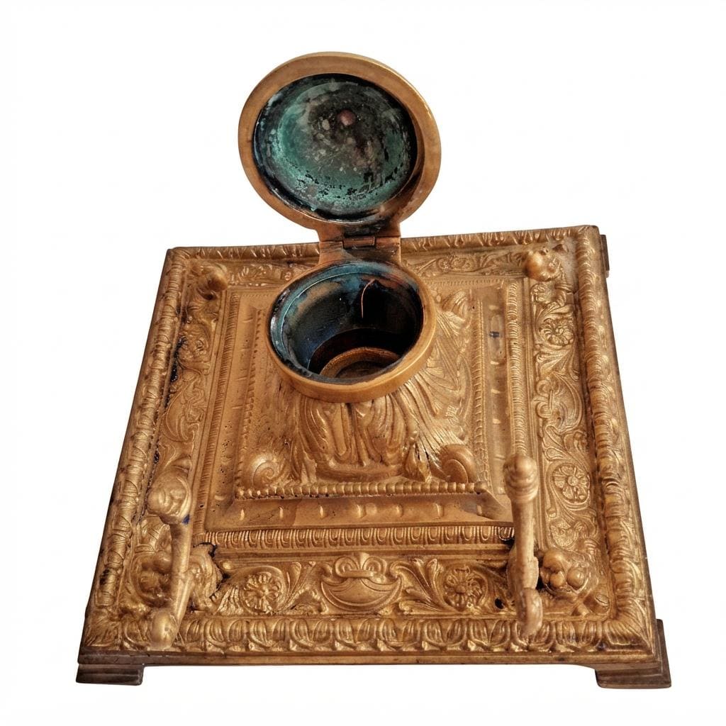 Antique French Victorian Bronze Inkwell, Gilt Square Desk Inkstand with Pen Rests — France, 19th Century