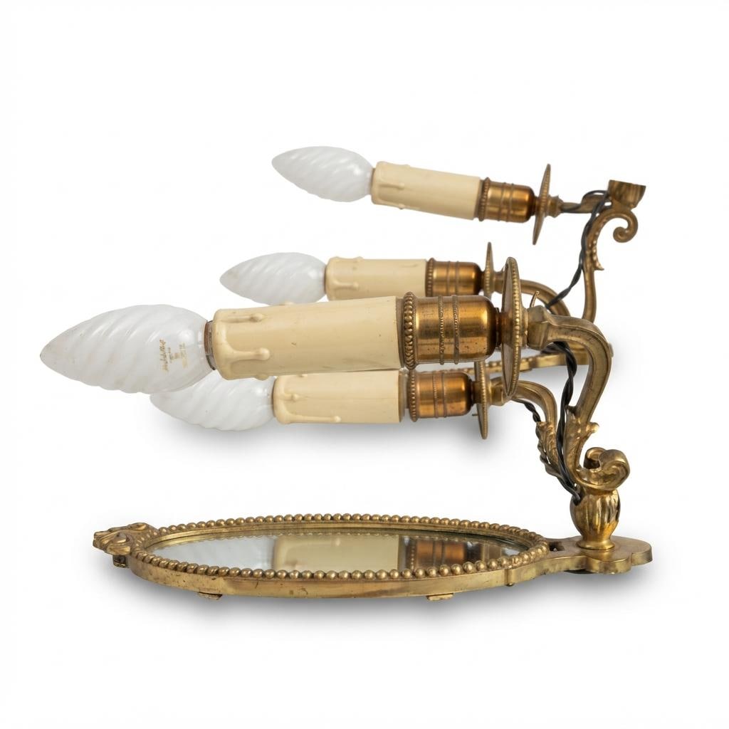 Pair of French Vintage Gilt Brass Wall Sconces, Two Arm with Oval Mirror Backplate — France, Mid-20th Century