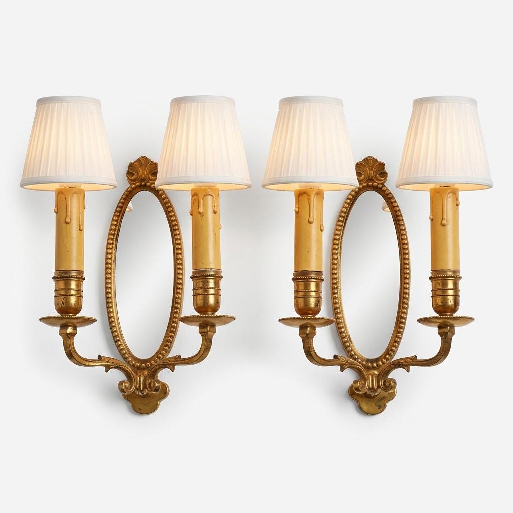 Pair of French Vintage Gilt Brass Wall Sconces, Two Arm with Oval Mirror Backplate — France, Mid-20th Century