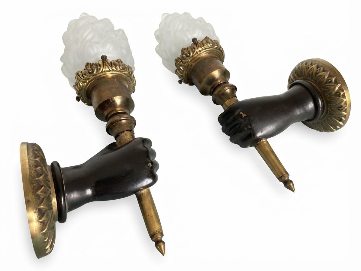 Pair of French Bronze Wall Sconces, Hand Holding Torch with Frosted Flame Glass Globes — France, Mid-20th Century