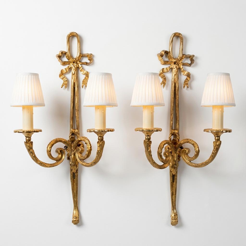 Pair of French Gilt Bronze Wall Sconces, Louis XVI Bow and Ram's Head — France, Early 20th Century
