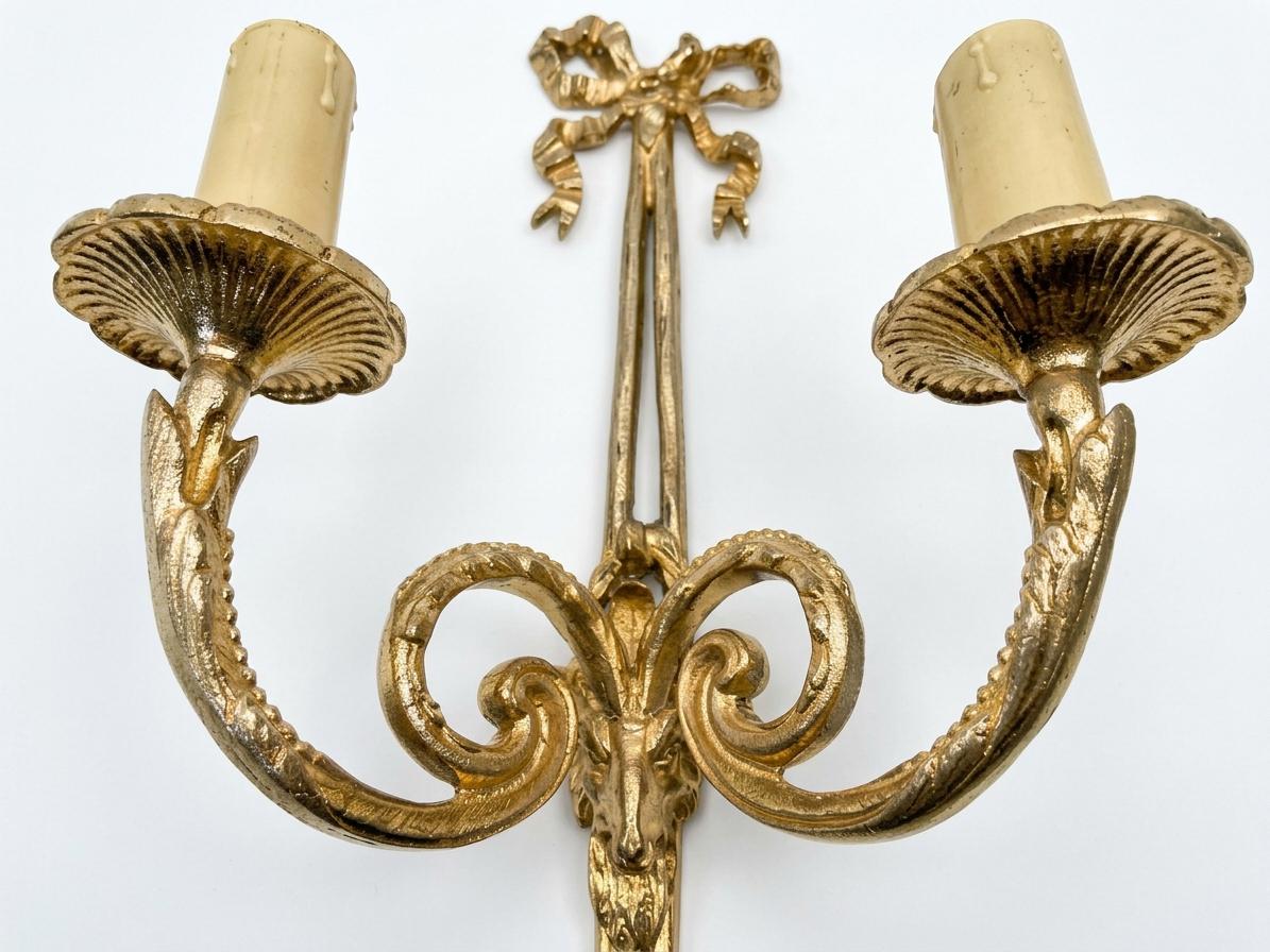 Pair of French Gilt Bronze Wall Sconces, Louis XVI Bow and Ram's Head — France, Early 20th Century