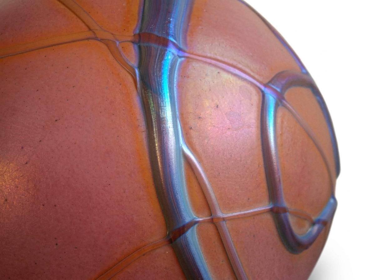 Signed Art Glass Vase, Aconito Guyot Biot, Iridescent Blue on Rose — France, 1988