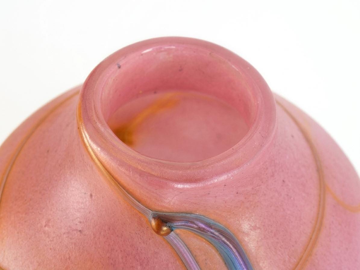 Signed Art Glass Vase, Aconito Guyot Biot, Iridescent Blue on Rose — France, 1988