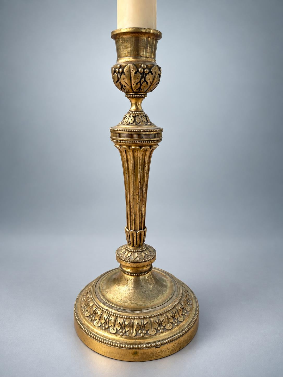 Antique French Gilt Metal Candlestick Lamp, Louis XVI Style — Fluted Column Boudoir Lamp with Pleated Shade