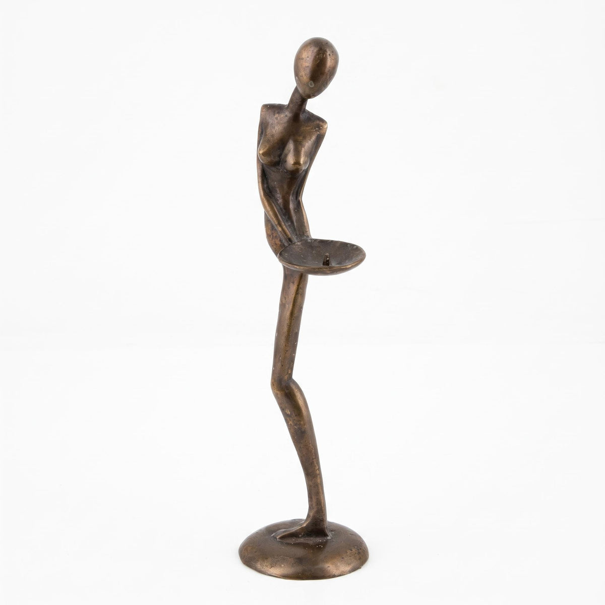 Antique Bronze Female Figure Sculpture, Signed Nana, Modernist Nude with Dish — Mid-20th Century