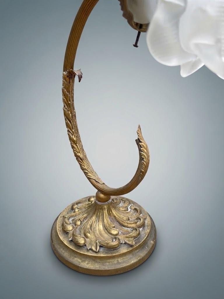 Pair of Antique French Art Nouveau Gilt Metal Table Lamps — Whiplash Arm Lamps with Frosted Glass Flower Shades