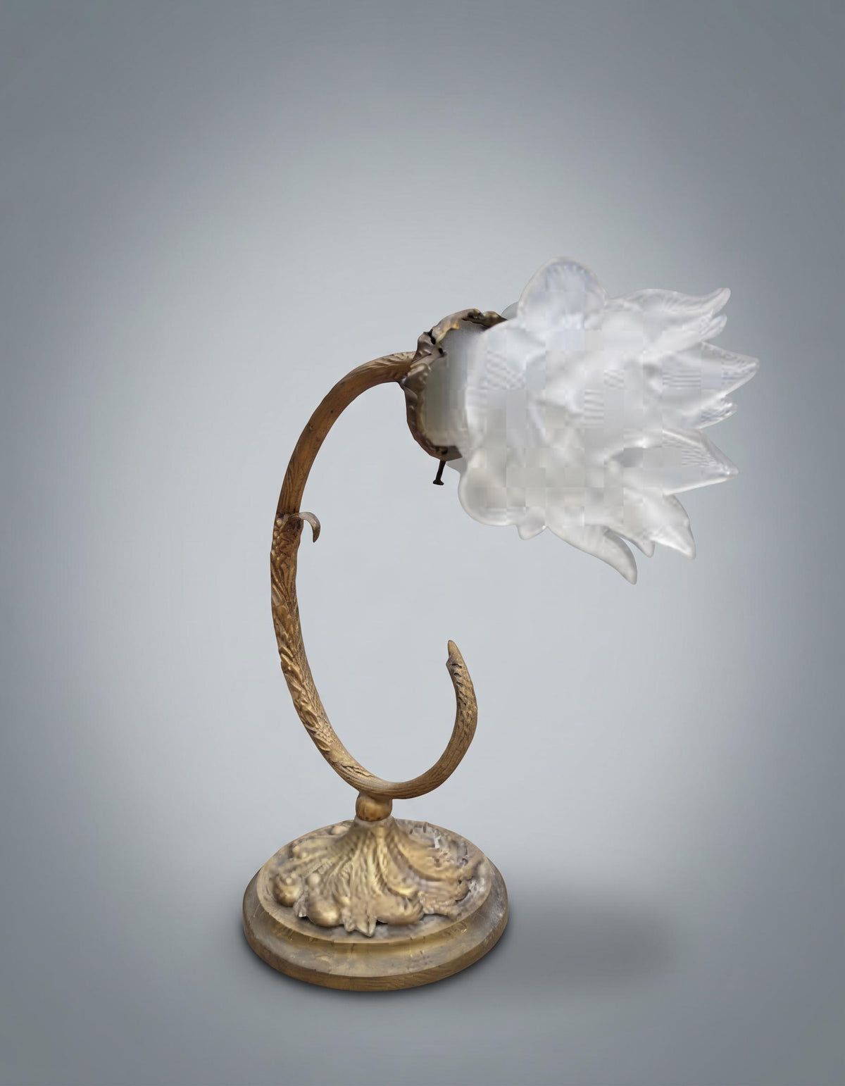 Pair of Antique French Art Nouveau Gilt Metal Table Lamps — Whiplash Arm Lamps with Frosted Glass Flower Shades