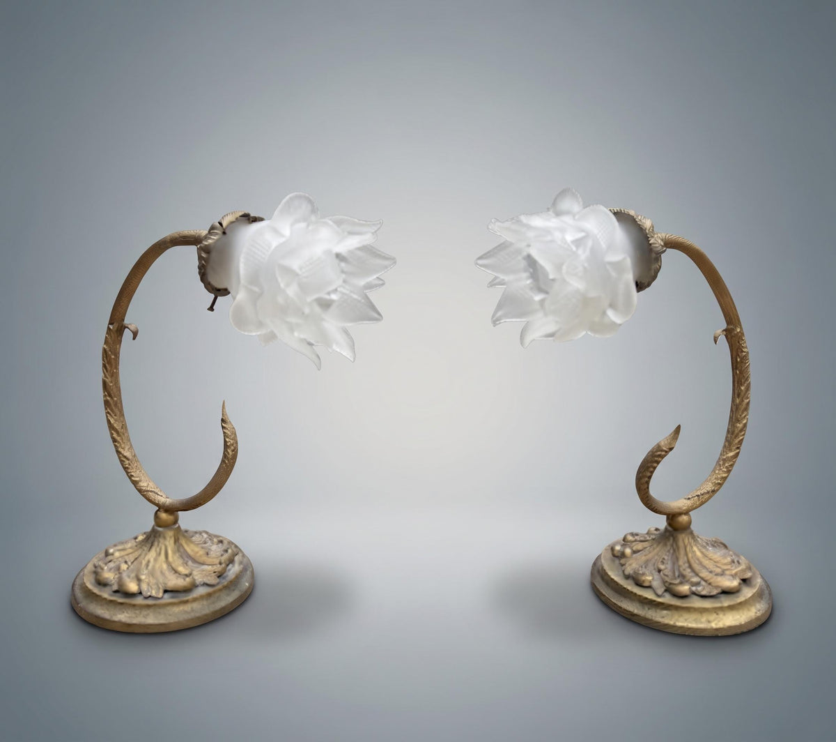 Pair of Antique French Art Nouveau Gilt Metal Table Lamps — Whiplash Arm Lamps with Frosted Glass Flower Shades