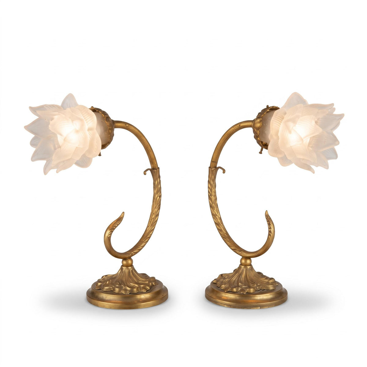 Pair of Antique French Art Nouveau Gilt Metal Table Lamps — Whiplash Arm Lamps with Frosted Glass Flower Shades