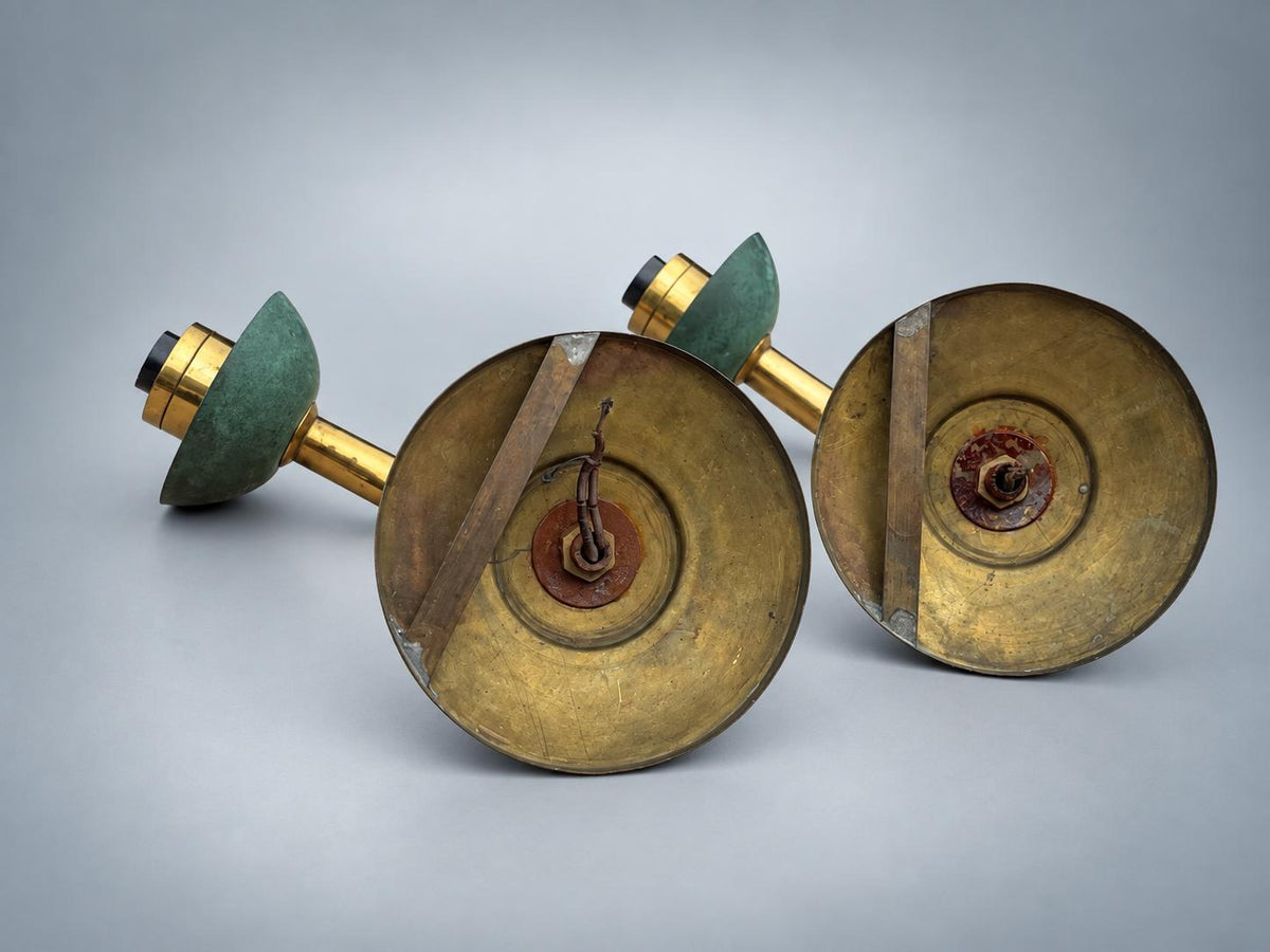Pair of Mid-Century Brass Wall Sconces with Verdigris Patina — Single-Arm Fan Form Wall Lights, 1950s Style