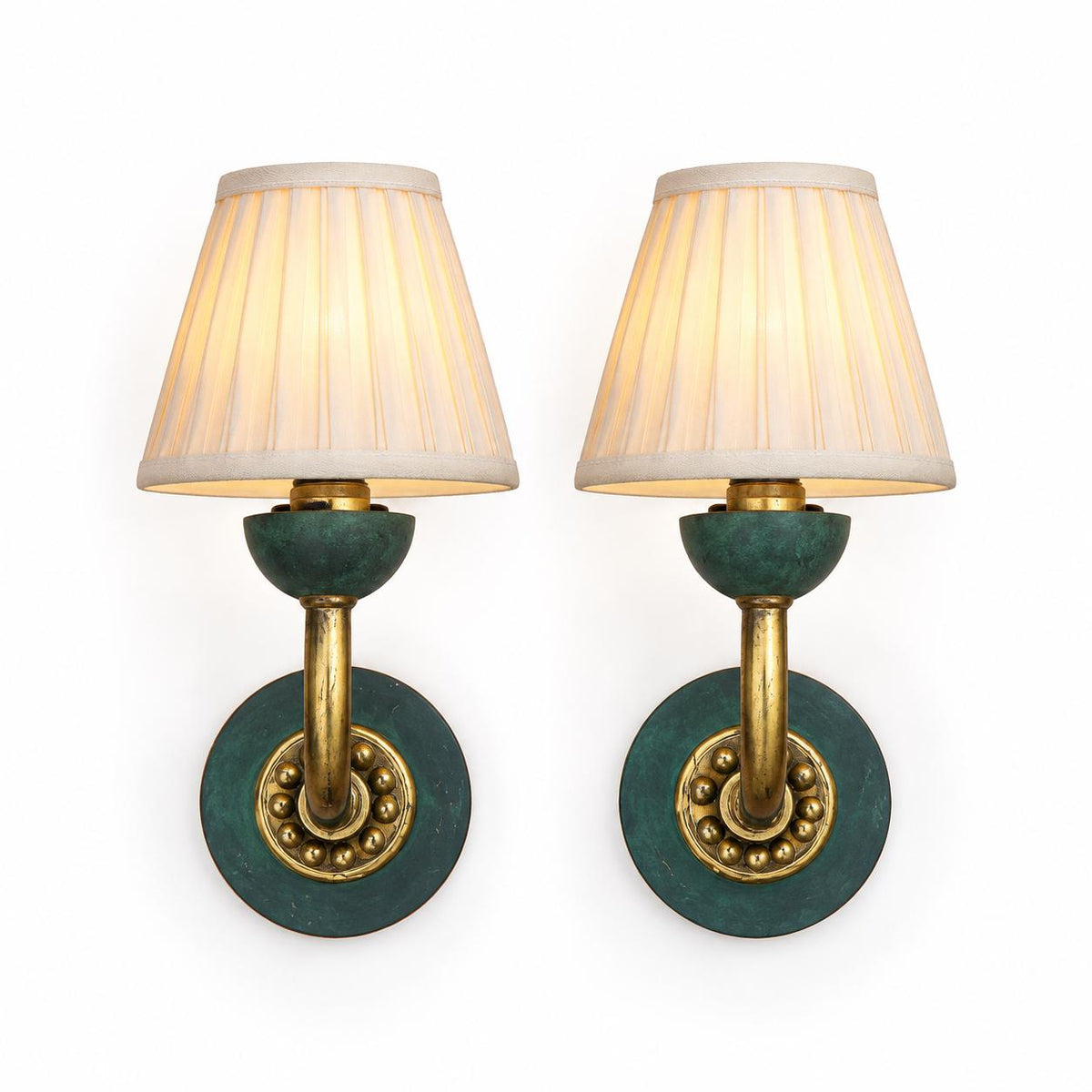 Pair of Mid-Century Brass Wall Sconces with Verdigris Patina — Single-Arm Fan Form Wall Lights, 1950s Style