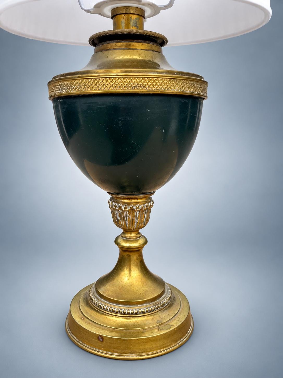 Antique French Empire Style Gilt Metal Urn Lamp — Green-Painted Body with Pleated Shade
