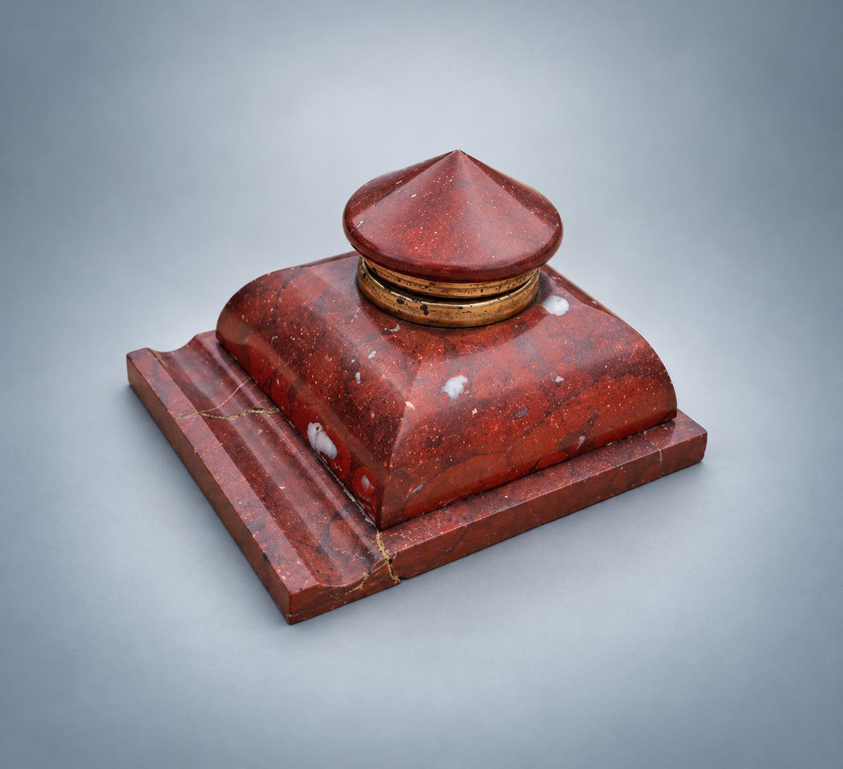 Antique French Rouge Marble Inkwell with Brass-Mounted Hinged Lid — Late 19th Century Style Desk Inkstand