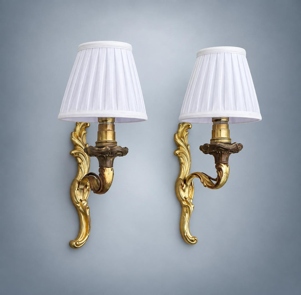 Pair of Antique French Gilt Metal Wall Sconces — Scrolling Single-Arm Sconces with Pleated Shades