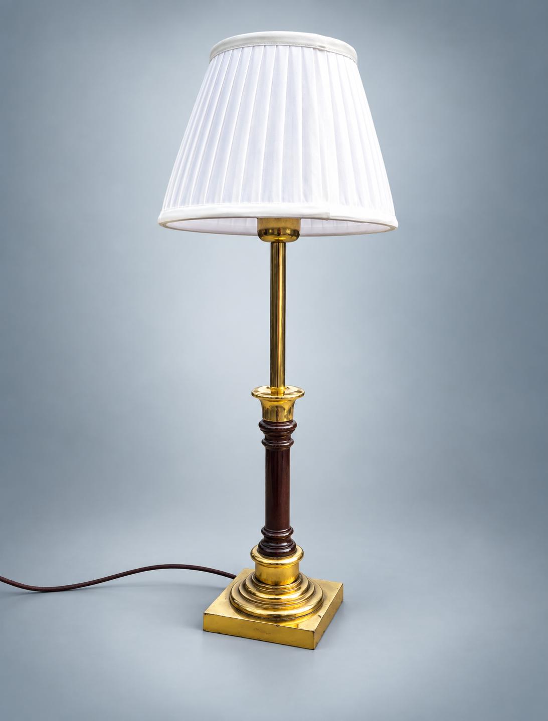Vintage Brass Column Table Lamp with Dark Turned Column Accent — Stepped Square Base, Pleated Shade