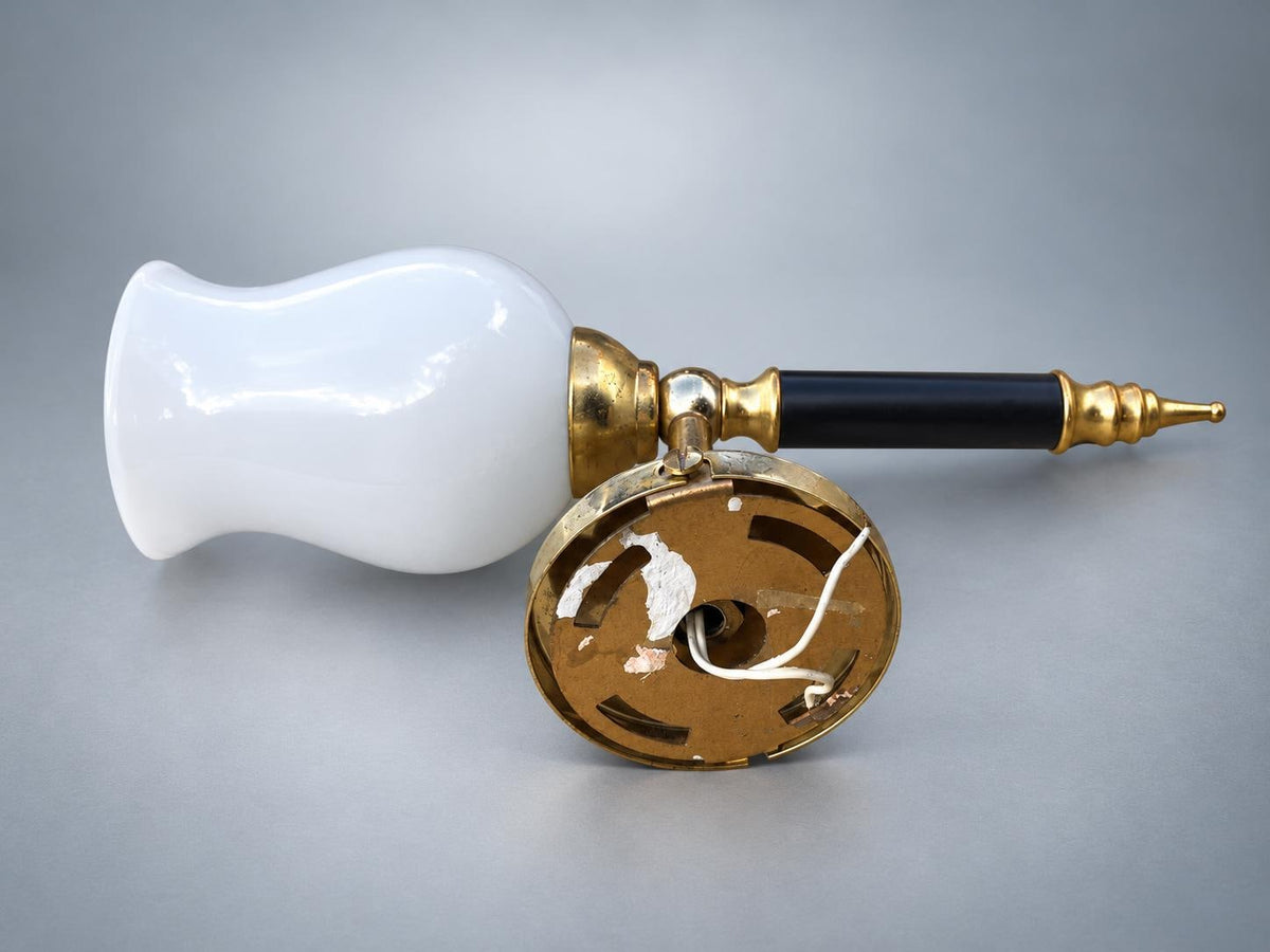 Antique French Brass Wall Sconce with Milk Glass Tulip Shade — Single-Arm Sconce with Turned Ebonised Column