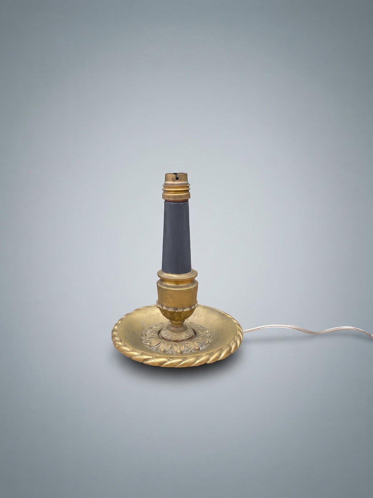 Vintage French Brass Table Lamp, 1930s — Wide Disc Base with Rope-Twist Rim and Blue Painted Wood Column