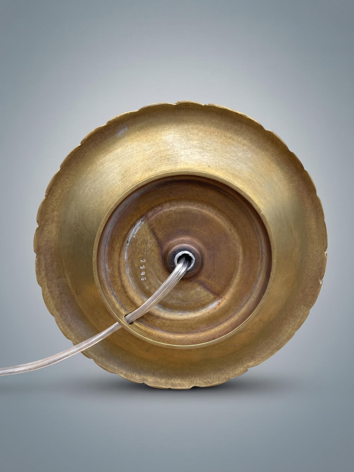 Vintage French Brass Table Lamp, 1930s — Wide Disc Base with Rope-Twist Rim and Blue Painted Wood Column