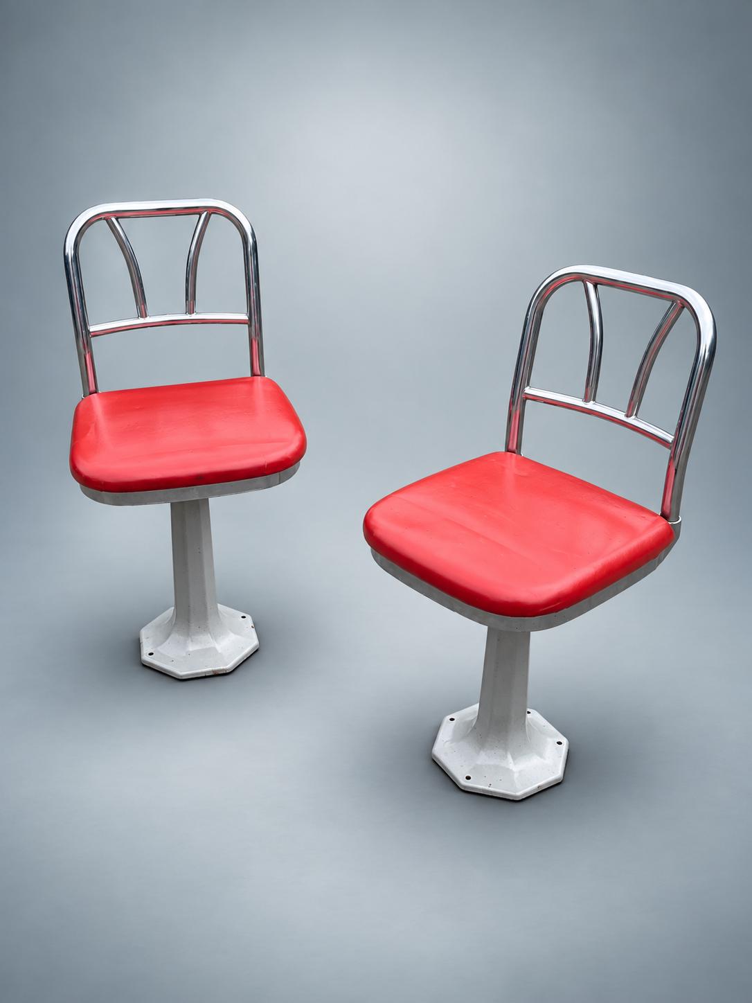 Pair of Vintage Chrome Soda Fountain Chairs — Swivel Pedestal Diner Stools with Red Vinyl Seats