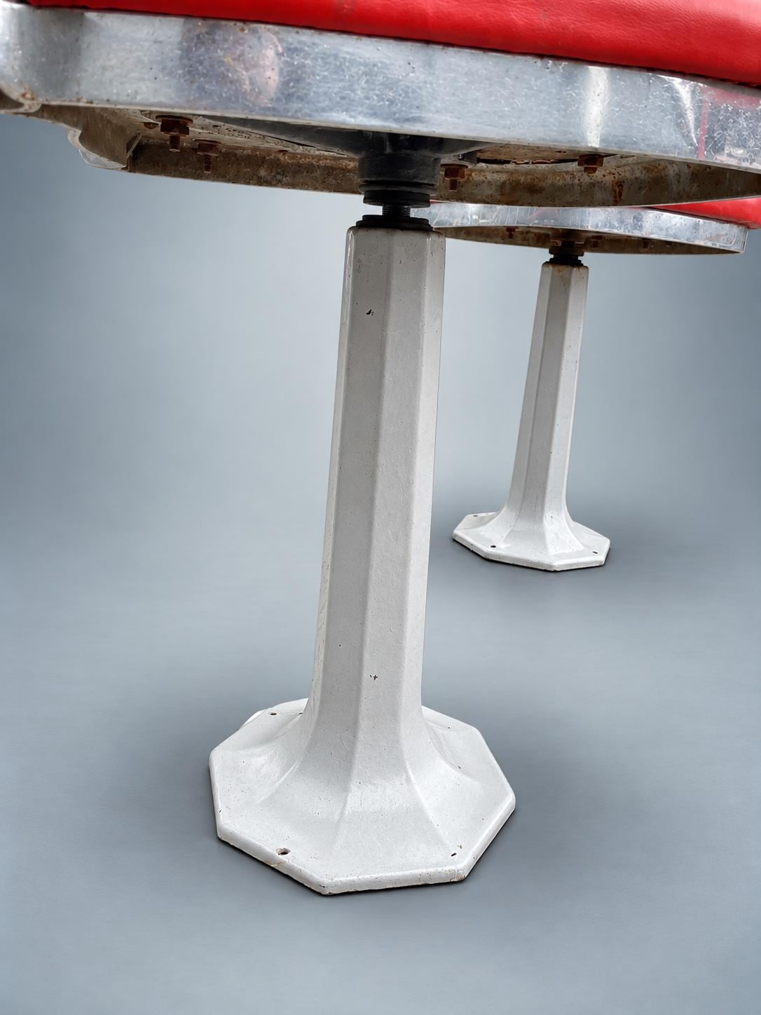 Pair of Vintage Chrome Soda Fountain Chairs — Swivel Pedestal Diner Stools with Red Vinyl Seats
