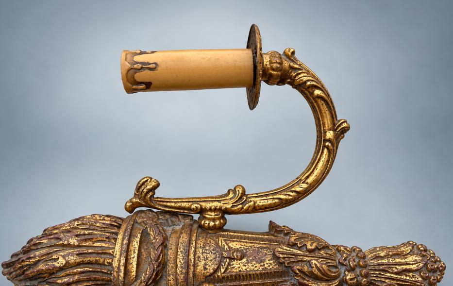 Pair of French Giltwood Two-Light Wall Sconces — Polychrome Torch-Form Sconces with Gilt Metal Scroll Arms