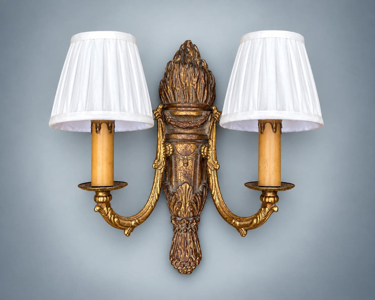 Pair of French Giltwood Two-Light Wall Sconces — Polychrome Torch-Form Sconces with Gilt Metal Scroll Arms