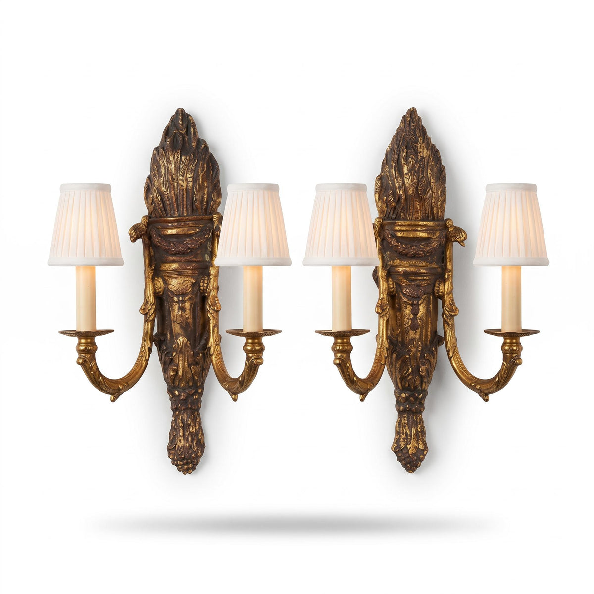 Pair of French Giltwood Two-Light Wall Sconces — Polychrome Torch-Form Sconces with Gilt Metal Scroll Arms