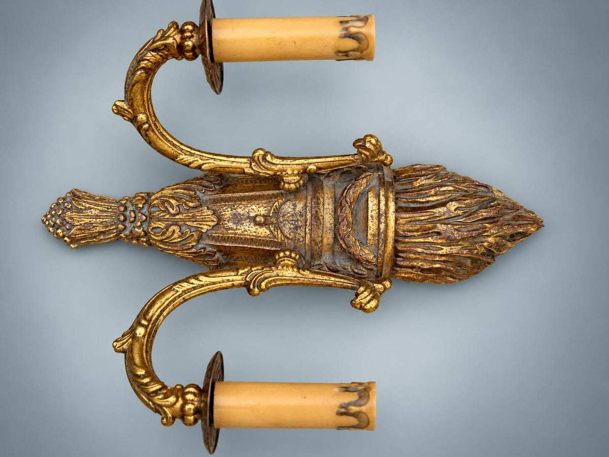 Pair of French Giltwood Two-Light Wall Sconces — Polychrome Torch-Form Sconces with Gilt Metal Scroll Arms