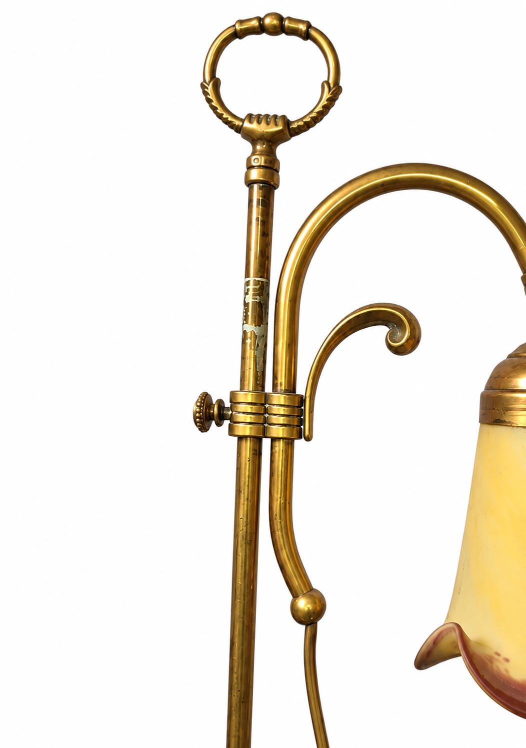Antique French Brass Adjustable Desk Lamp, Signed Vianne Pâte de Verre Shade — France, Mid-20th Century