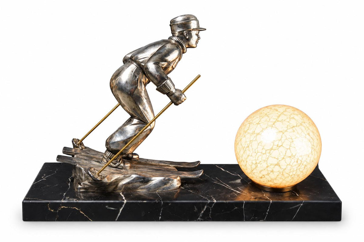 Antique French Art Deco Skier Sculpture Lamp, Signed L. Brunswick, Silvered Régule on Marble — France, circa 1930