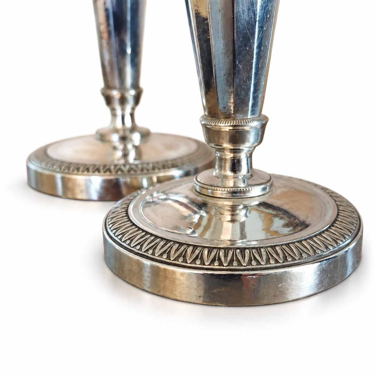 Pair of French Silver-Plated Empire Style Candlesticks, Palmette and Fluted Column — France, Early 20th Century