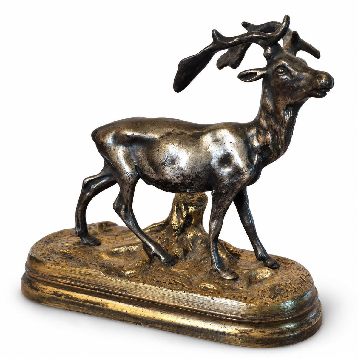 Antique Bronze Fallow Deer Sculpture, Silvered Figure on Gilt Bronze Base — French Animalier School, Late 19th Century