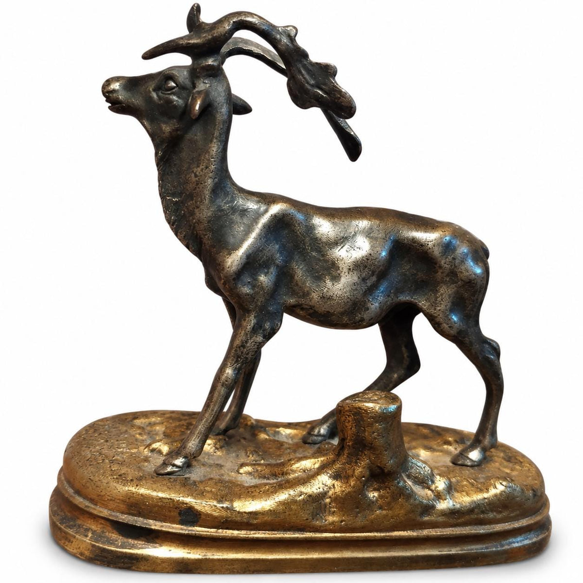 Antique Bronze Fallow Deer Sculpture, Silvered Figure on Gilt Bronze Base — French Animalier School, Late 19th Century