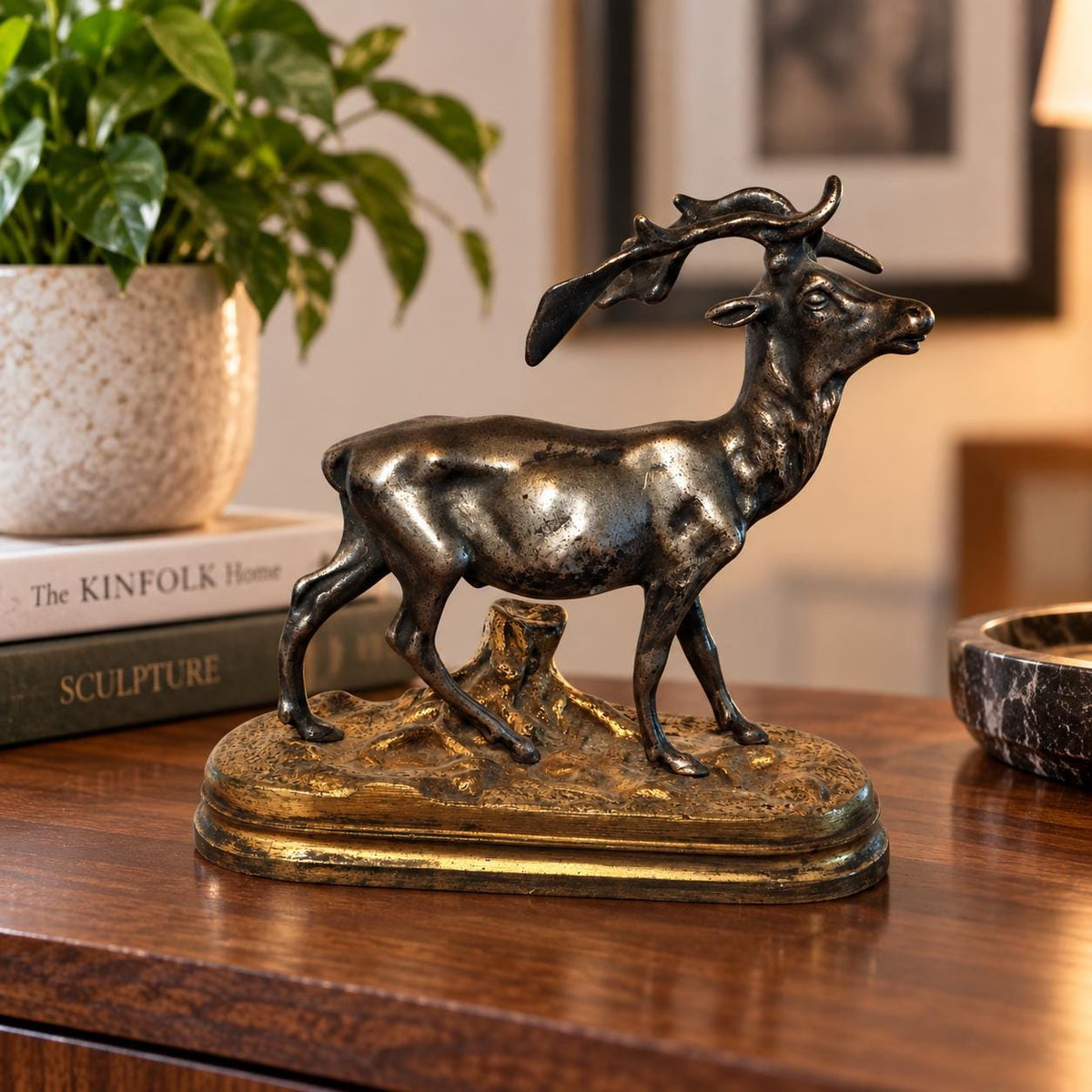 Antique Bronze Fallow Deer Sculpture, Silvered Figure on Gilt Bronze Base — French Animalier School, Late 19th Century