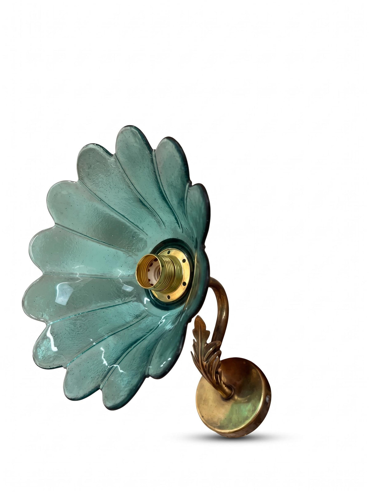 Pair of French Vintage Brass Wall Sconces, Teal Green Glass Flower Shades — France, Mid-20th Century
