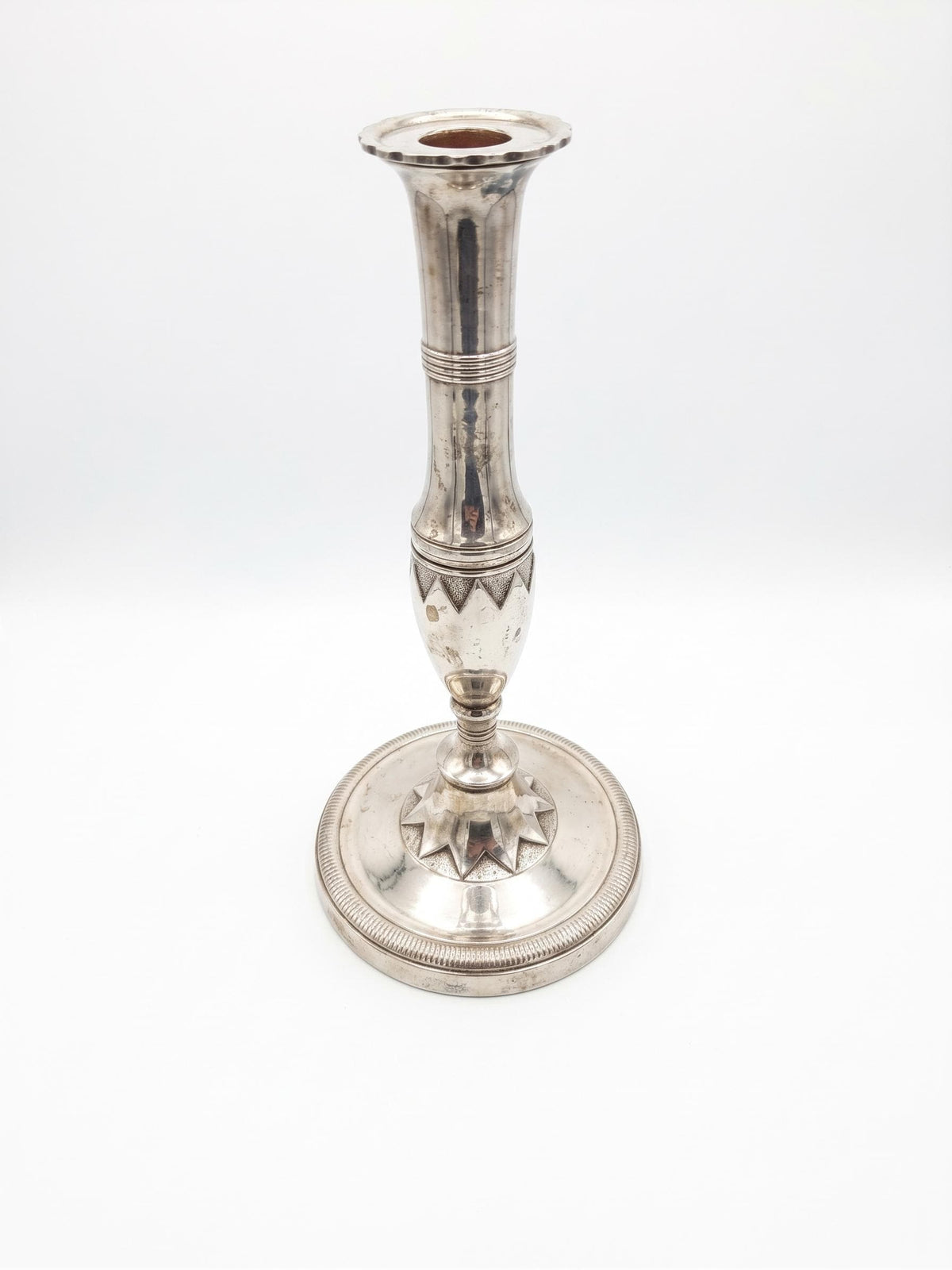 Antique French Art Deco Silver-Plated Candlestick, Geometric and Gadroon Ornament — France, circa 1930