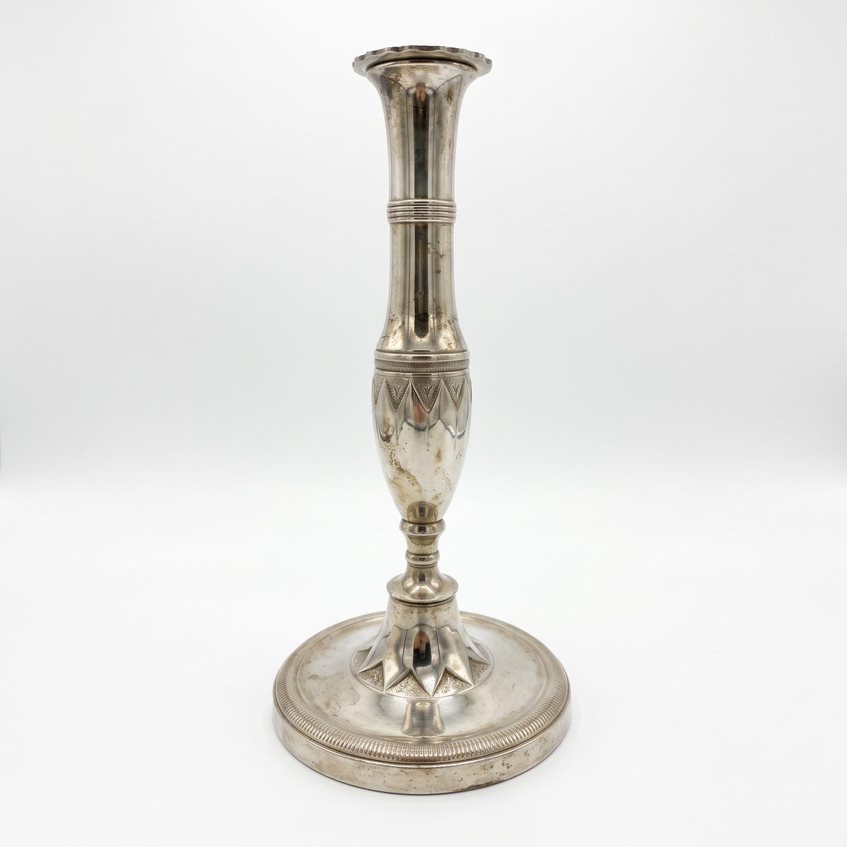 Antique French Art Deco Silver-Plated Candlestick, Geometric and Gadroon Ornament — France, circa 1930
