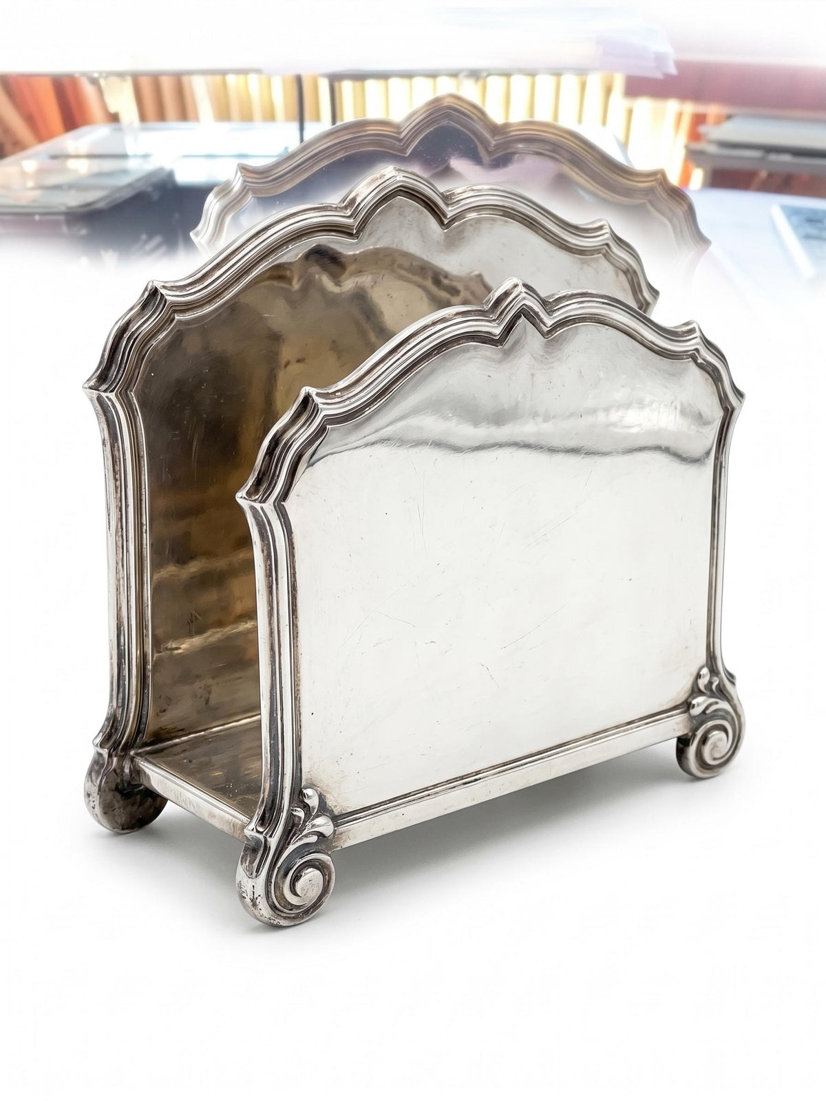 Antique French Silver-Plated Four-Piece Desk Set, Inkstand, Letter Rack, Blotter and Notepad Holder — France, Early 20th Century