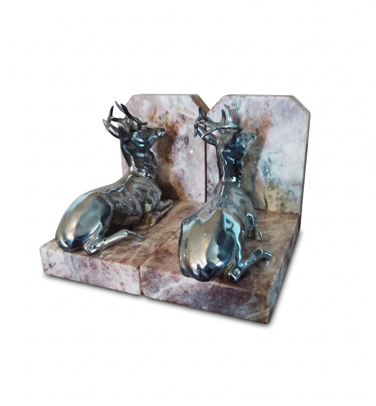 Antique French Silvered Bronze Stag Bookends on Marble Bases — French Animalier School, Early 20th Century