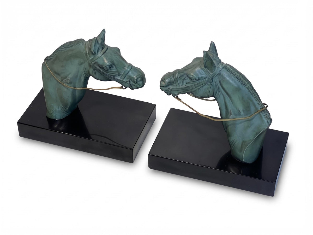 Antique French Art Deco Horse Head Bookends, Signed M. Leducq, Green Patina on Black Marble — France, circa 1930
