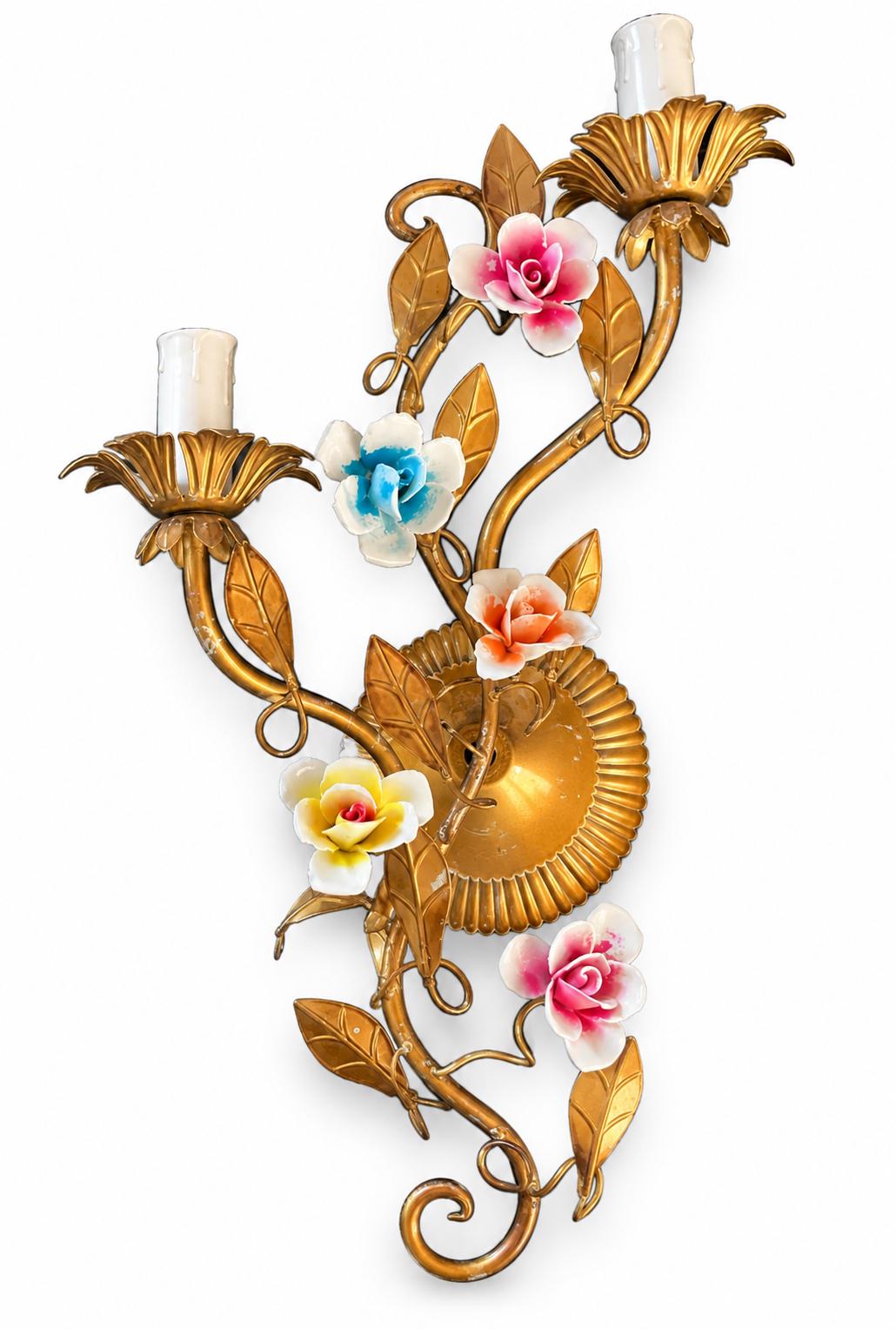 Pair of Italian Gilt Tole Wall Sconces, Porcelain Rose Flowers, Two Arm — Italy, circa 1960