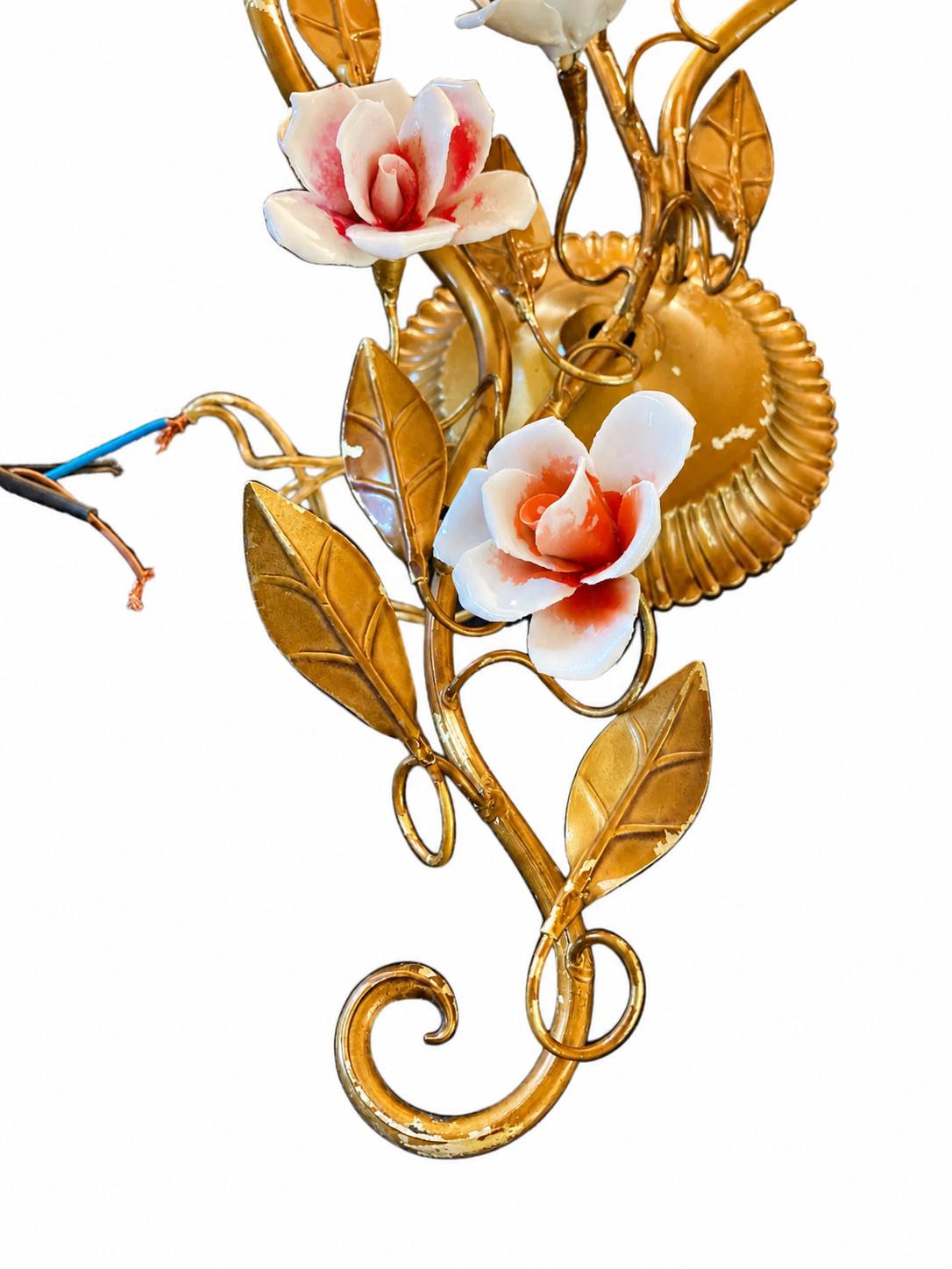Pair of Italian Gilt Tole Wall Sconces, Porcelain Rose Flowers, Two Arm — Italy, circa 1960