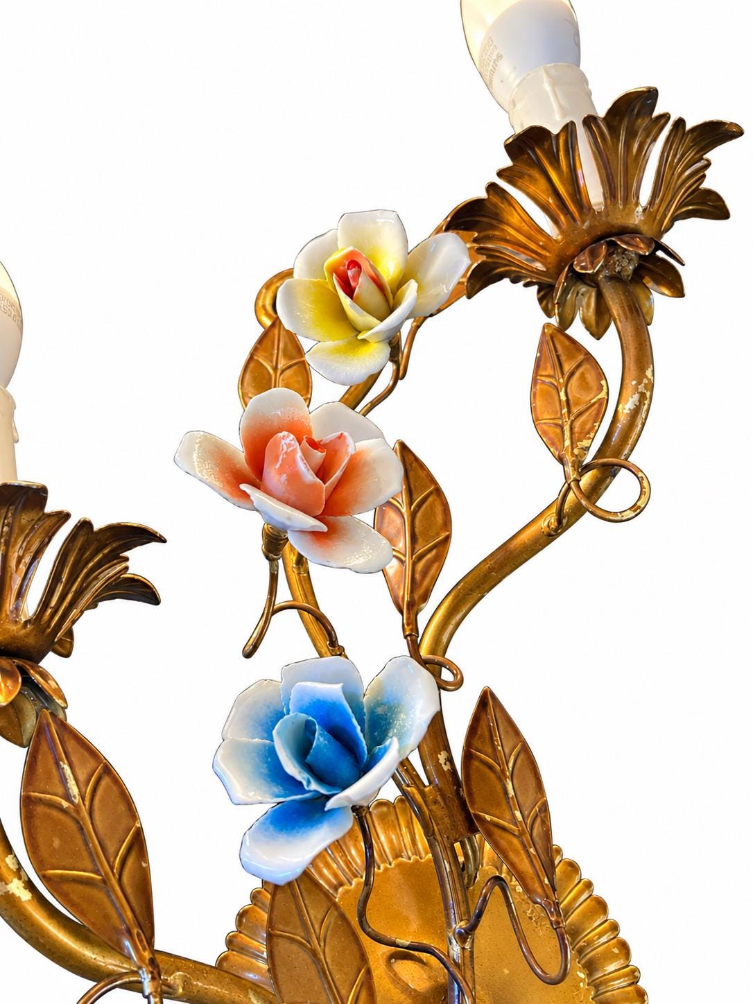 Pair of Italian Gilt Tole Wall Sconces, Porcelain Rose Flowers, Two Arm — Italy, circa 1960