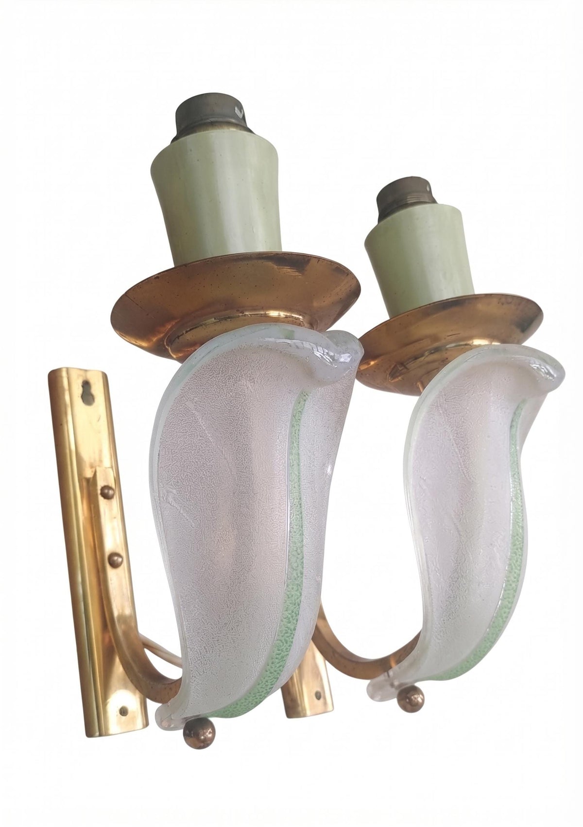 Pair of French Art Deco Wall Sconces, Signed Ezan Frosted Glass Leaf Shades and Brass — France, circa 1930