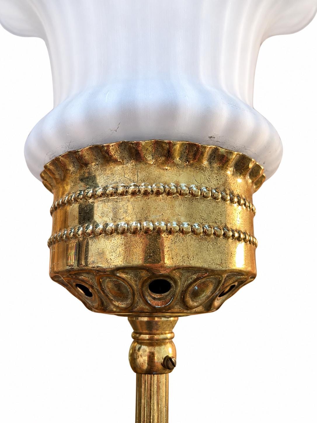 Set of Five German Art Deco Brass Wall Sconces, PE Stamped, Frosted Glass Shades — Hamburg, circa 1930