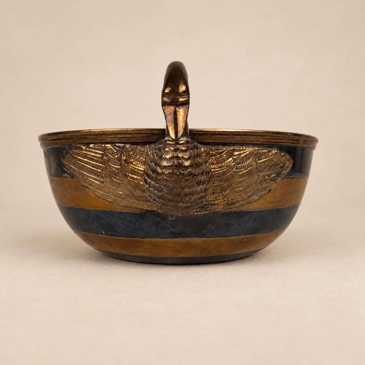 Vintage Brass and Silvered Metal Bowl, Swan Handles, Striped Two-Tone Body — Europe, mid-20th Century