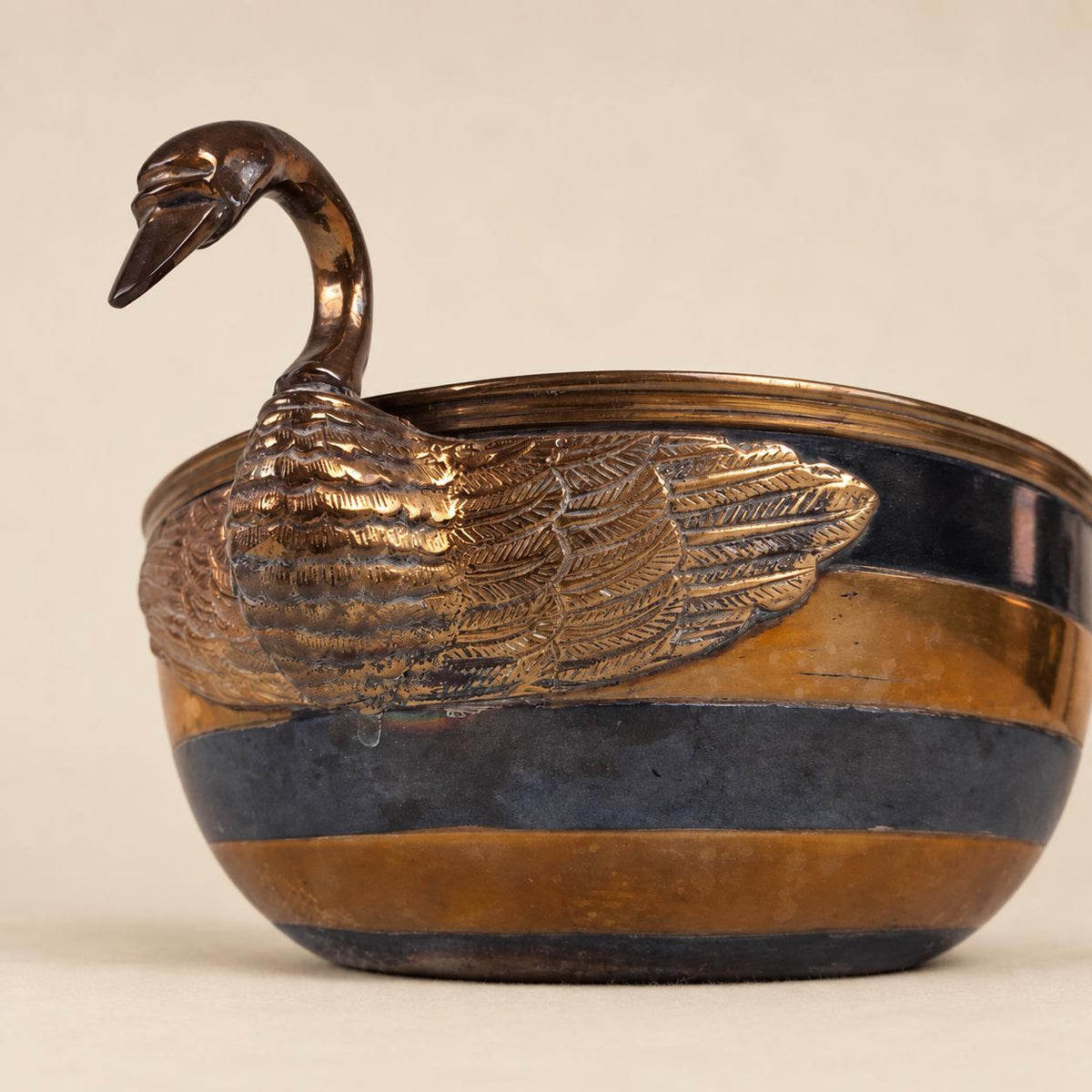 Vintage Brass and Silvered Metal Bowl, Swan Handles, Striped Two-Tone Body — Europe, mid-20th Century