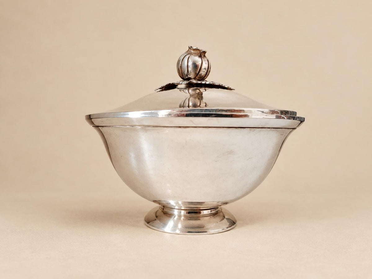 Silver-Plated Lidded Bonbonnière, Pomegranate Finial, Footed Bowl — Europe, Vintage