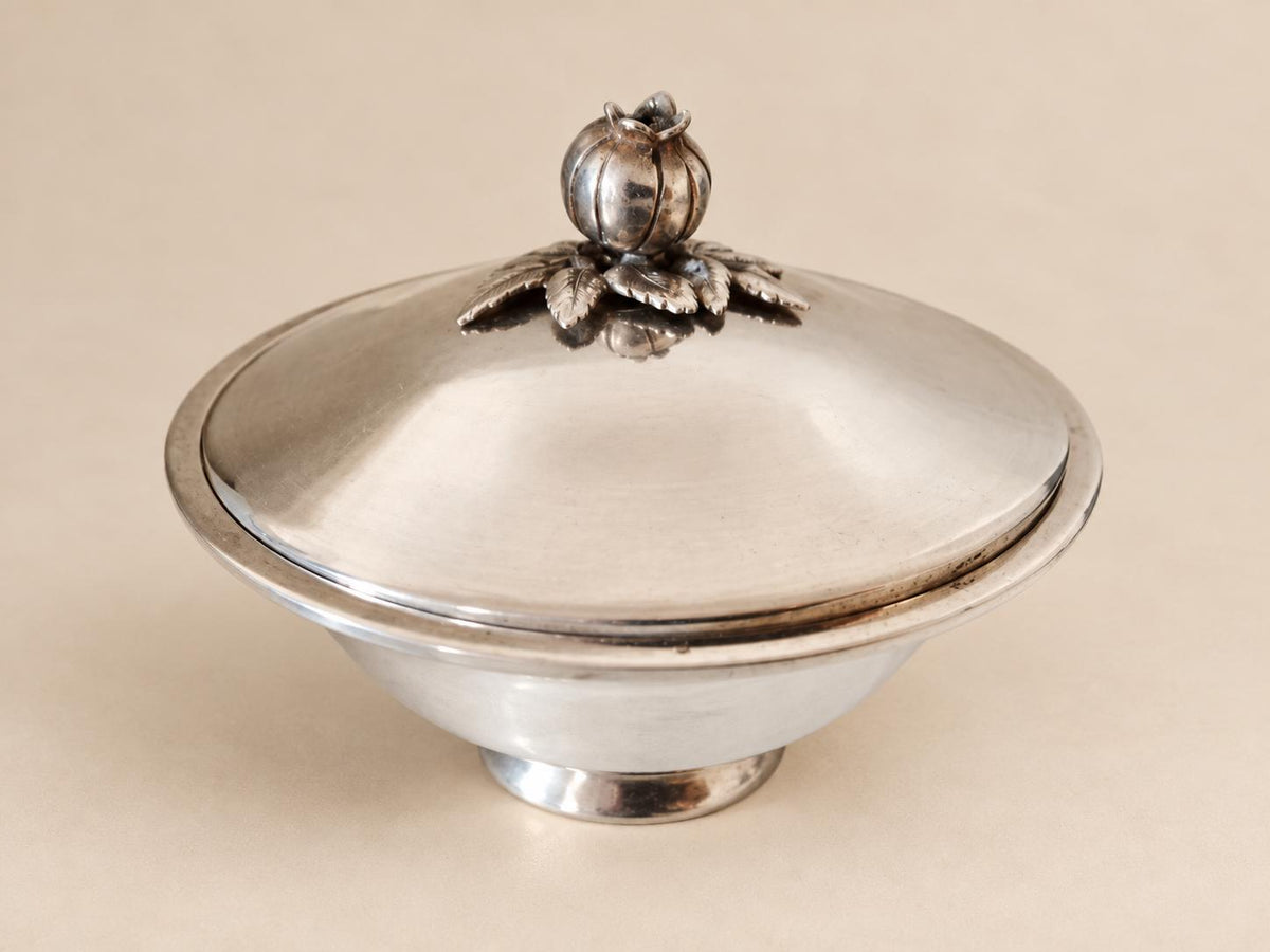 Silver-Plated Lidded Bonbonnière, Pomegranate Finial, Footed Bowl — Europe, Vintage